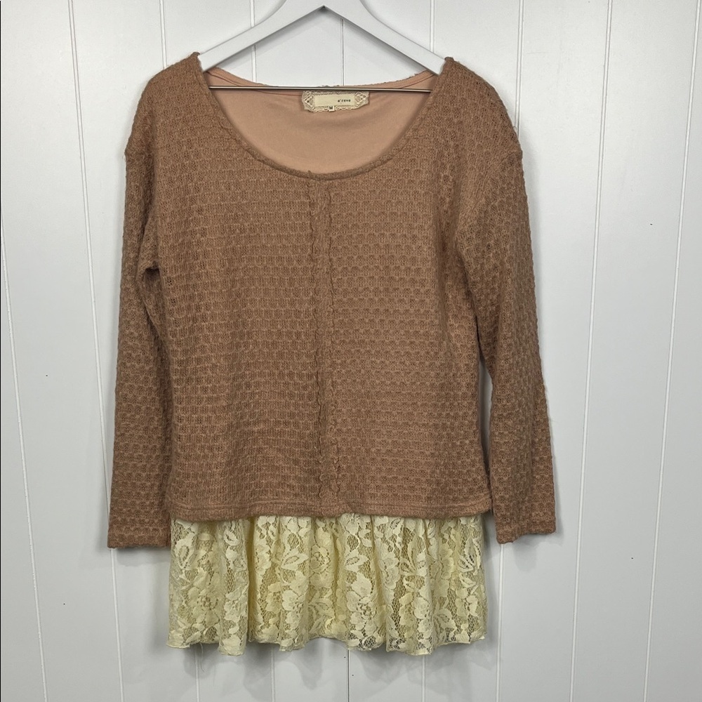 A’reve Anthro Womens Knit Tunic M Dusty Pink Honeycomb Knit Lace Tulle Hem EUC